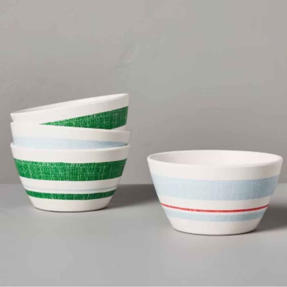 HEARTH & HAND NWT 4pc distressed stripe melamine bowls -green/blue